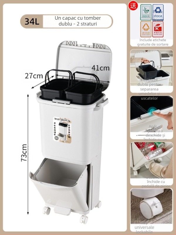 Coș de gunoi de bucătărie cu capac, deschidere prin apăsare, material PP, capacitate peste 12 L, formă cilindrică, pentru uz casnic