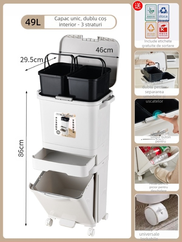 Coș de gunoi de bucătărie cu capac, deschidere prin apăsare, material PP, capacitate peste 12 L, formă cilindrică, pentru uz casnic