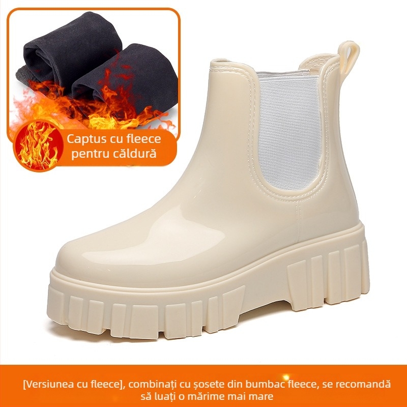 Cizme de ploaie pentru femei, până la jumătatea gambei, talpă groasă, toc mediu 3–5 cm, PVC exterior, culoare solidă, potrivite pentru primăvară, toamnă și iarnă