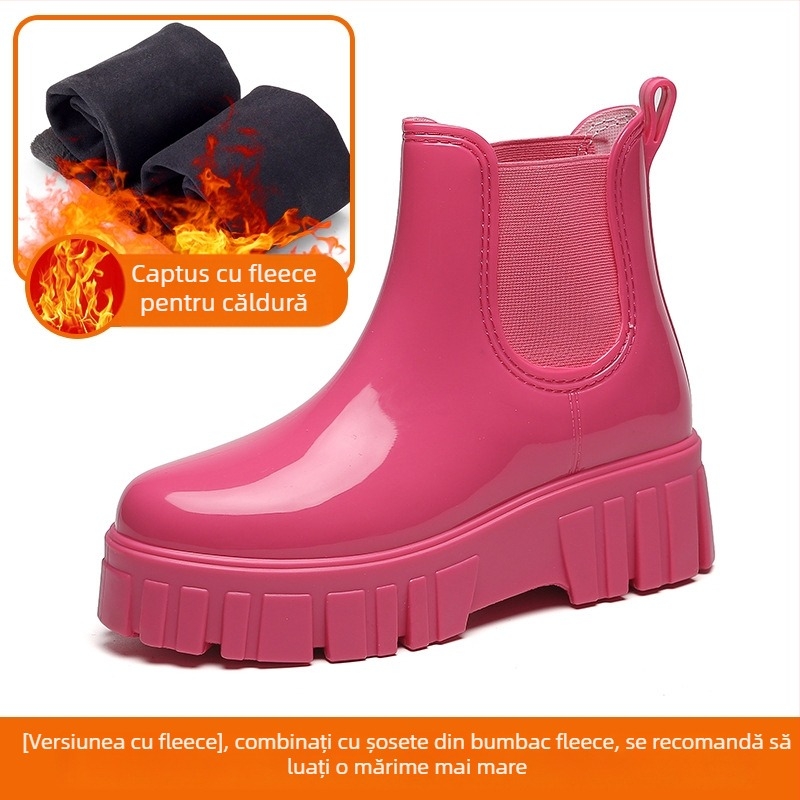 Cizme de ploaie pentru femei, până la jumătatea gambei, talpă groasă, toc mediu 3–5 cm, PVC exterior, culoare solidă, potrivite pentru primăvară, toamnă și iarnă
