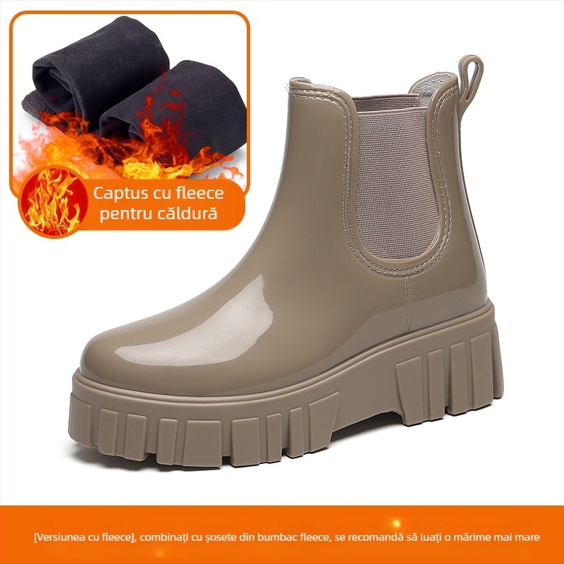 Cizme de ploaie pentru femei, până la jumătatea gambei, talpă groasă, toc mediu 3–5 cm, PVC exterior, culoare solidă, potrivite pentru primăvară, toamnă și iarnă
