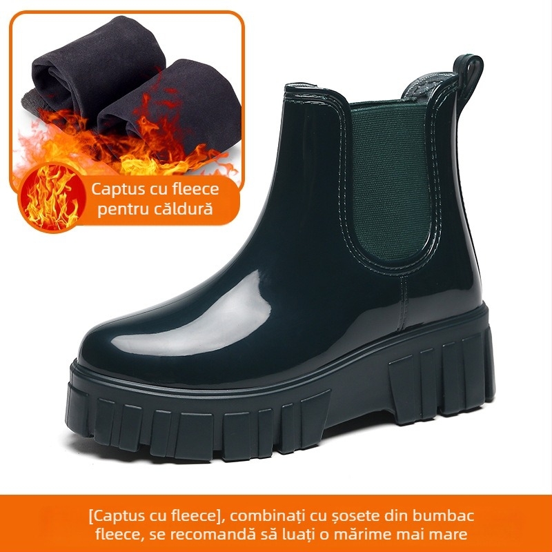 Cizme de ploaie pentru femei, până la jumătatea gambei, talpă groasă, toc mediu 3–5 cm, PVC exterior, culoare solidă, potrivite pentru primăvară, toamnă și iarnă