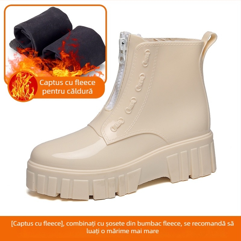 Cizme de ploaie pentru femei, până la jumătatea gambei, talpă groasă, toc mediu 3–5 cm, PVC exterior, culoare solidă, potrivite pentru primăvară, toamnă și iarnă