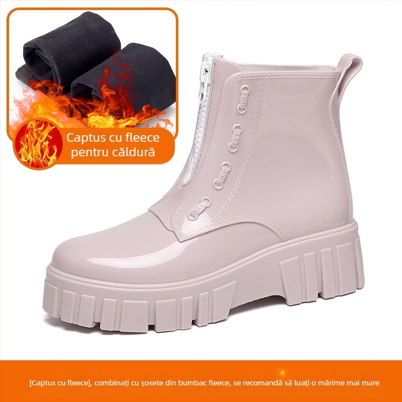 Cizme de ploaie pentru femei, până la jumătatea gambei, talpă groasă, toc mediu 3–5 cm, PVC exterior, culoare solidă, potrivite pentru primăvară, toamnă și iarnă
