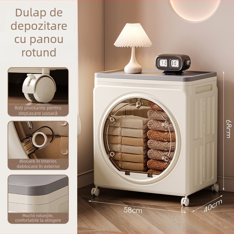 Dulap de depozitare din PP, design transparent protecție la praf, uși două cu capac rabatabil, pliabil și cu roți, volum 100–150 L