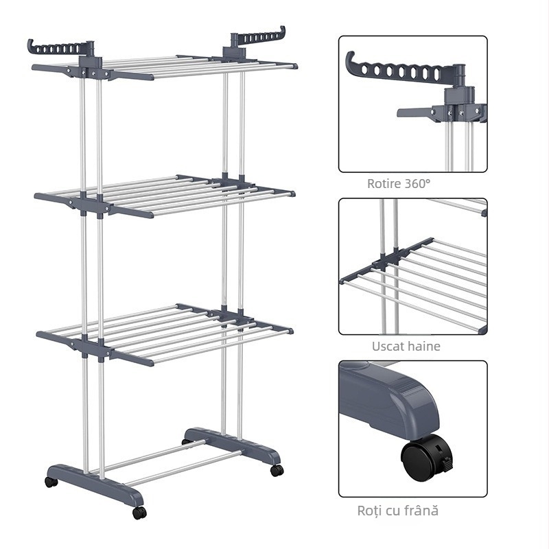 Uscător de haine pe podea, trei niveluri, tip aripă, mobil, pliabil