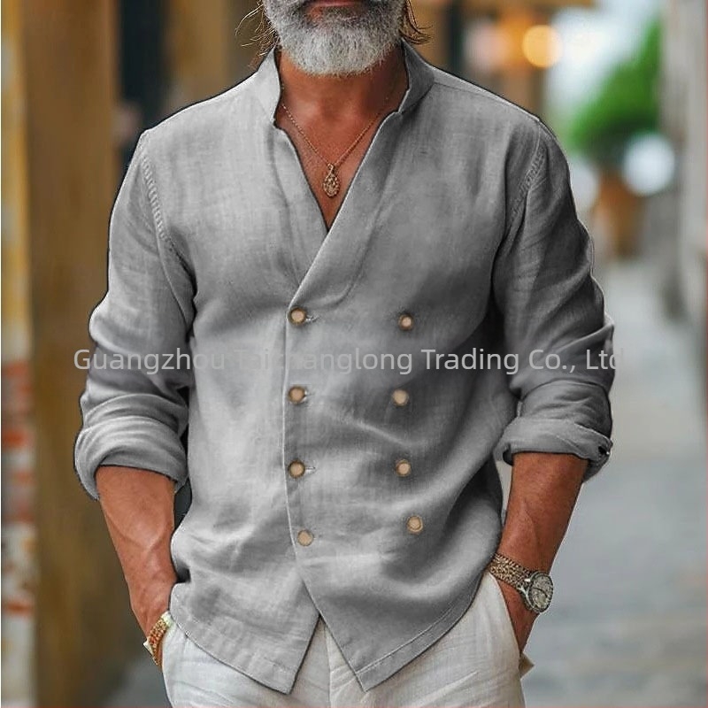 Cămașă bărbătească din amestec de bumbac, cu guler înalt, mâneci lungi, culoare solidă, croială lejeră pentru primăvară și toamnă