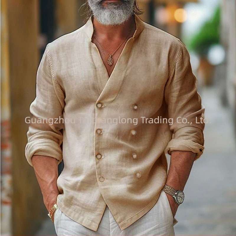 Cămașă bărbătească din amestec de bumbac, cu guler înalt, mâneci lungi, culoare solidă, croială lejeră pentru primăvară și toamnă