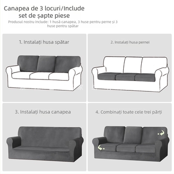 Husa de canapea pentru trei locuri, uni, poliester, fără fermoar, set cu acoperire completă