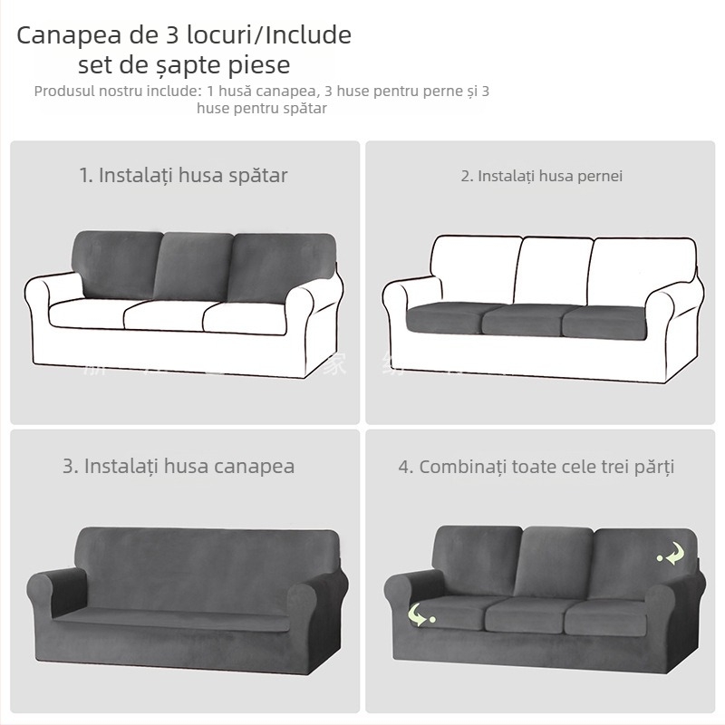 Husa de canapea pentru trei locuri, uni, poliester, fără fermoar, set cu acoperire completă
