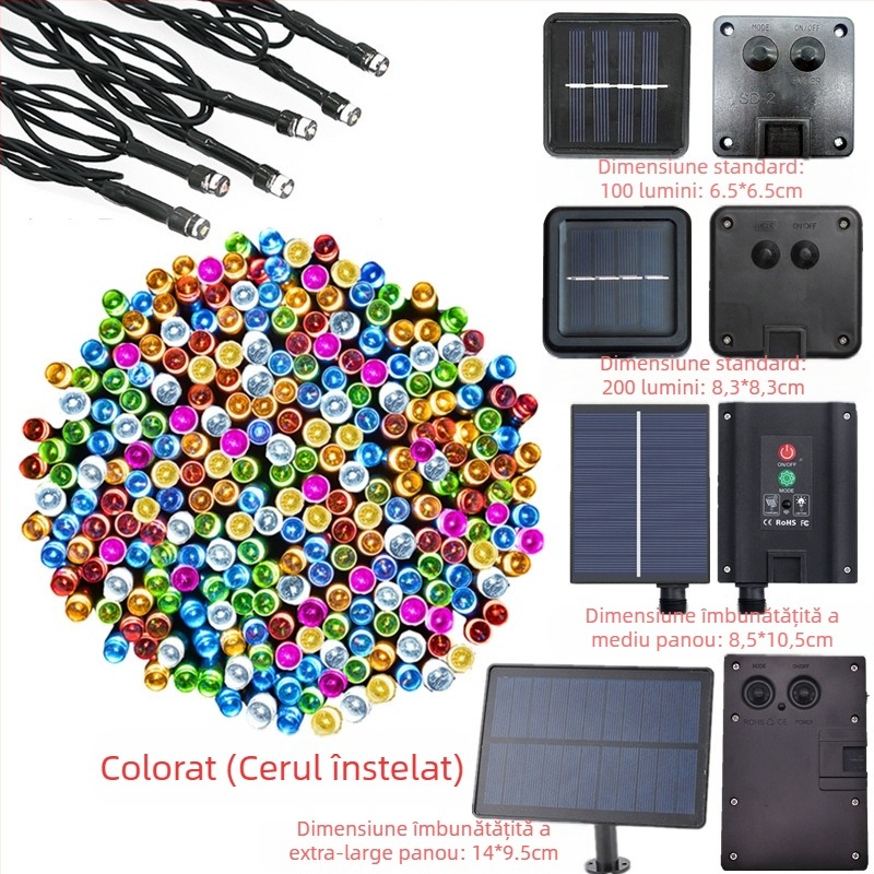Șir de lumini LED alimentat cu energie solară, 200 LED-uri, 8 moduri, decor exterior pentru grădină de Crăciun, IP44 rezistență la apă