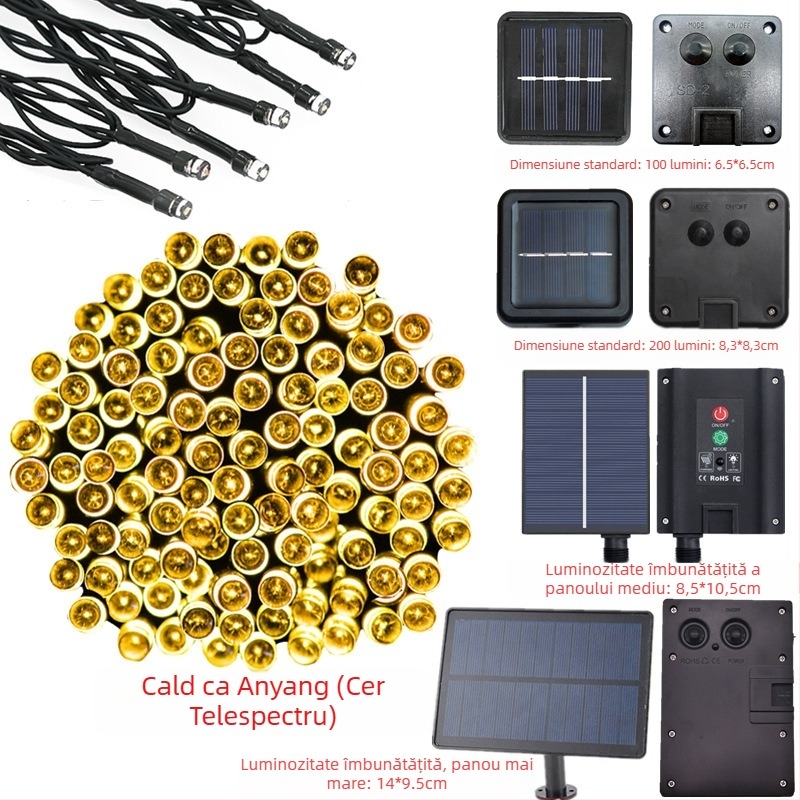 Șir de lumini LED alimentat cu energie solară, 200 LED-uri, 8 moduri, decor exterior pentru grădină de Crăciun, IP44 rezistență la apă
