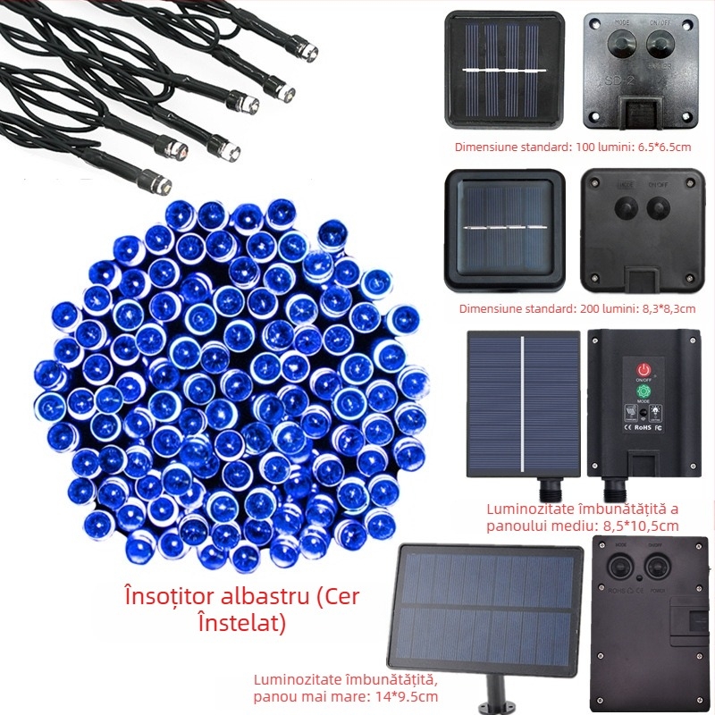 Șir de lumini LED alimentat cu energie solară, 200 LED-uri, 8 moduri, decor exterior pentru grădină de Crăciun, IP44 rezistență la apă