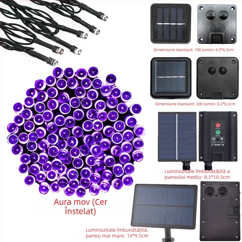Șir de lumini LED alimentat cu energie solară, 200 LED-uri, 8 moduri, decor exterior pentru grădină de Crăciun, IP44 rezistență la apă