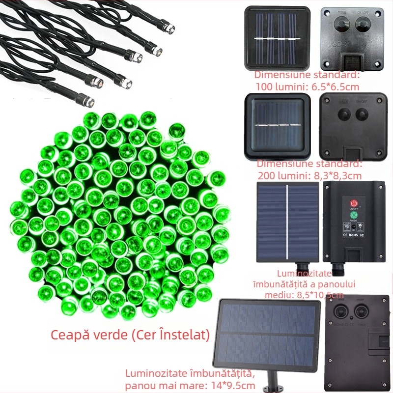 Șir de lumini LED alimentat cu energie solară, 200 LED-uri, 8 moduri, decor exterior pentru grădină de Crăciun, IP44 rezistență la apă