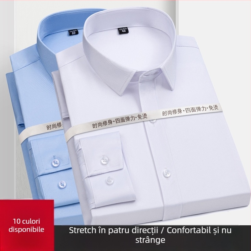 Cămașă pentru bărbați Slim-Fit, fără călcare, cu mâneci lungi, guler pătrat; amestec poliester-elastan (95% poliester, 5% elastan)