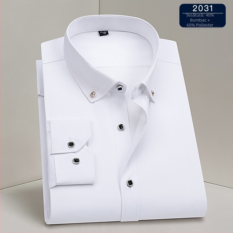 Cămașă bărbătească – stil business, guler pătrat, mâneci lungi, țesătură din amestec poliester, lavabilă la mașină, rezistentă la șifonare