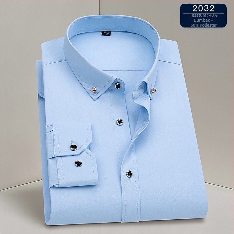 Cămașă bărbătească – stil business, guler pătrat, mâneci lungi, țesătură din amestec poliester, lavabilă la mașină, rezistentă la șifonare