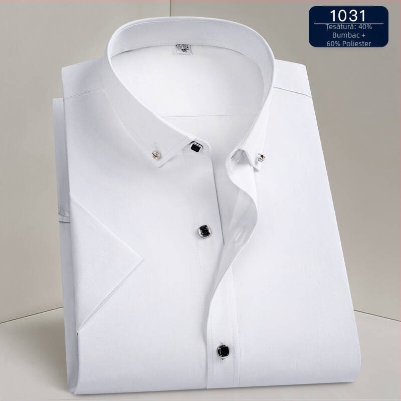 Cămașă bărbătească – stil business, guler pătrat, mâneci lungi, țesătură din amestec poliester, lavabilă la mașină, rezistentă la șifonare