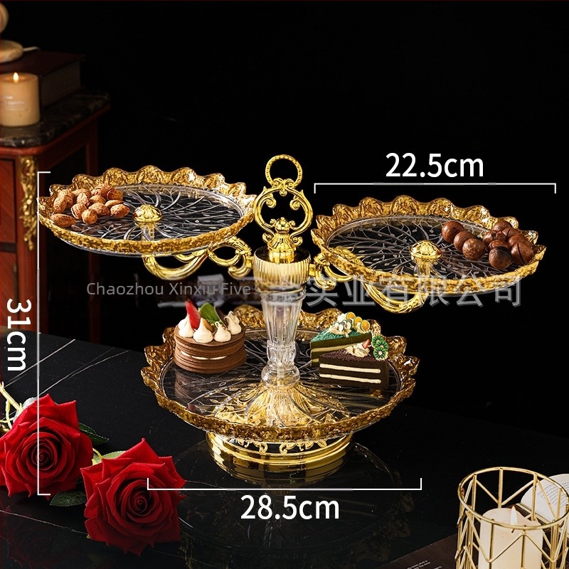 Farfurie din plastic pentru fructe și desert, cu finisaj auriu pictat, stil lux ușor, produs calificat, fără import