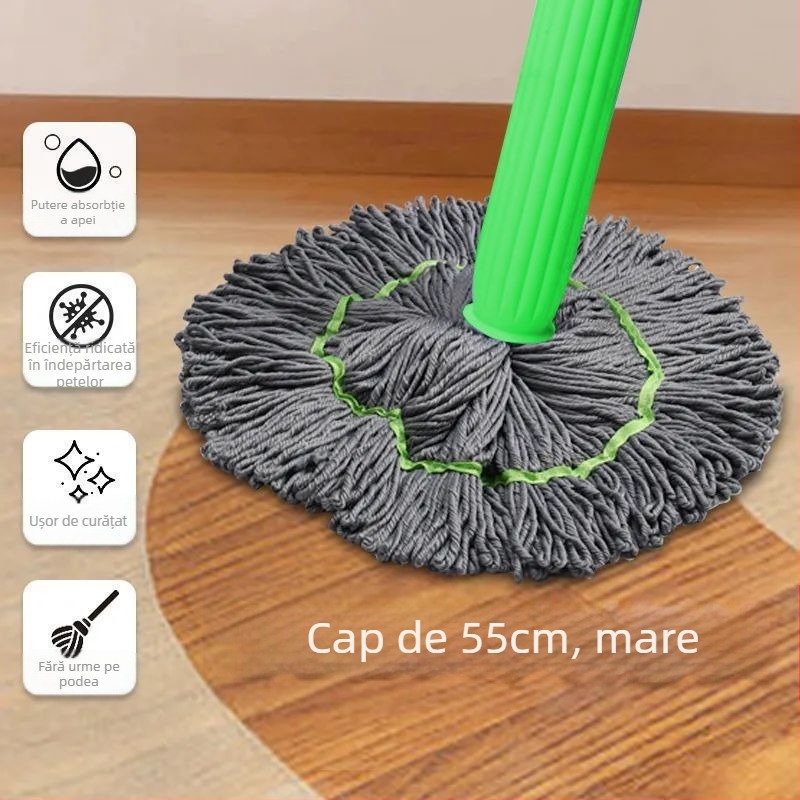 Mop rotativ cu stoarcere automată (Mop din bumbac, Cârpă microfibră, Mâner din oțel inoxidabil, Dehidratare 70–80%, Capacitate >10 kg)