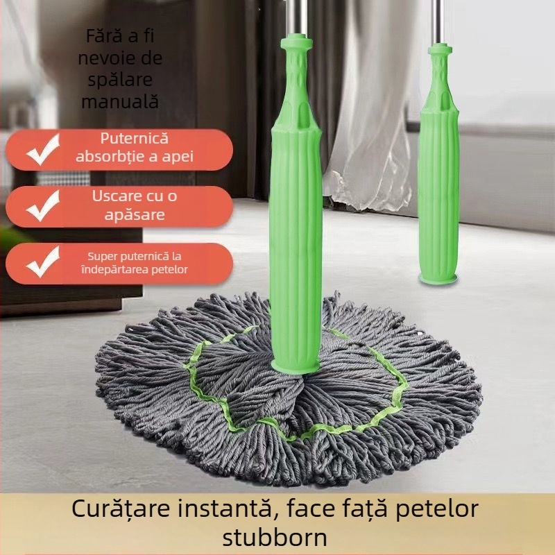 Mop rotativ cu stoarcere automată (Mop din bumbac, Cârpă microfibră, Mâner din oțel inoxidabil, Dehidratare 70–80%, Capacitate >10 kg)