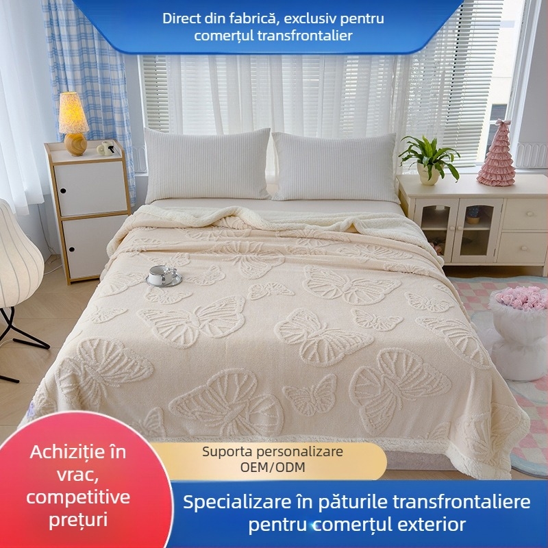Pătură dublu-strat cu floare de fluture, jacquard din coral fleece, pentru toate anotimpurile, stil modern minimalist
