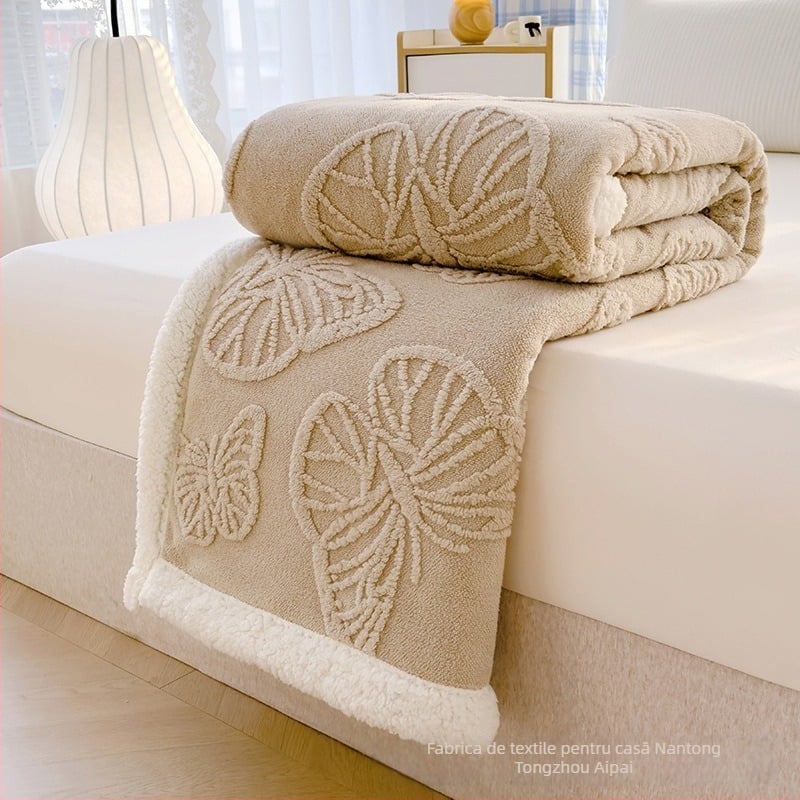 Pătură dublu-strat cu floare de fluture, jacquard din coral fleece, pentru toate anotimpurile, stil modern minimalist