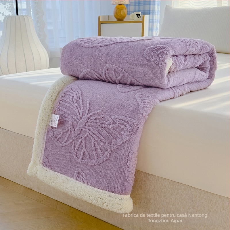 Pătură dublu-strat cu floare de fluture, jacquard din coral fleece, pentru toate anotimpurile, stil modern minimalist