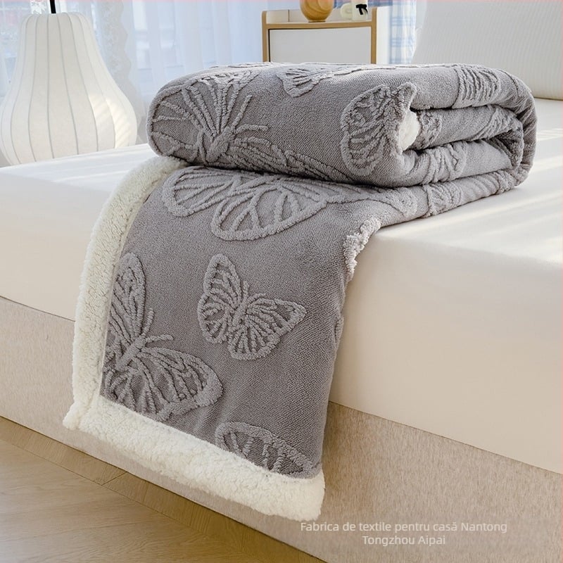 Pătură dublu-strat cu floare de fluture, jacquard din coral fleece, pentru toate anotimpurile, stil modern minimalist