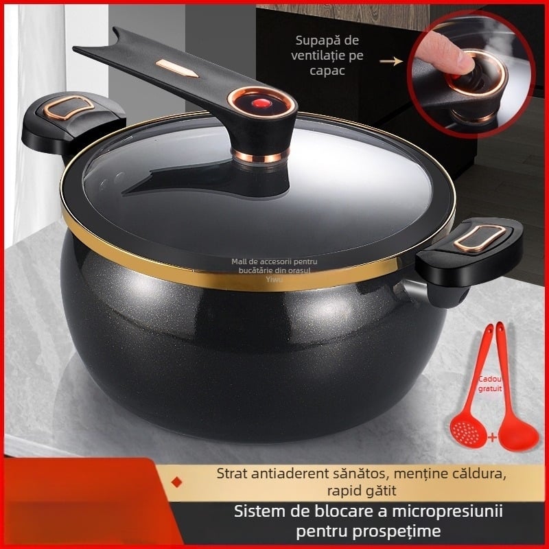 Oală de supă în stil presiune, din fier, capac din sticlă, acoperire antiaderentă, stil chinezesc nou
