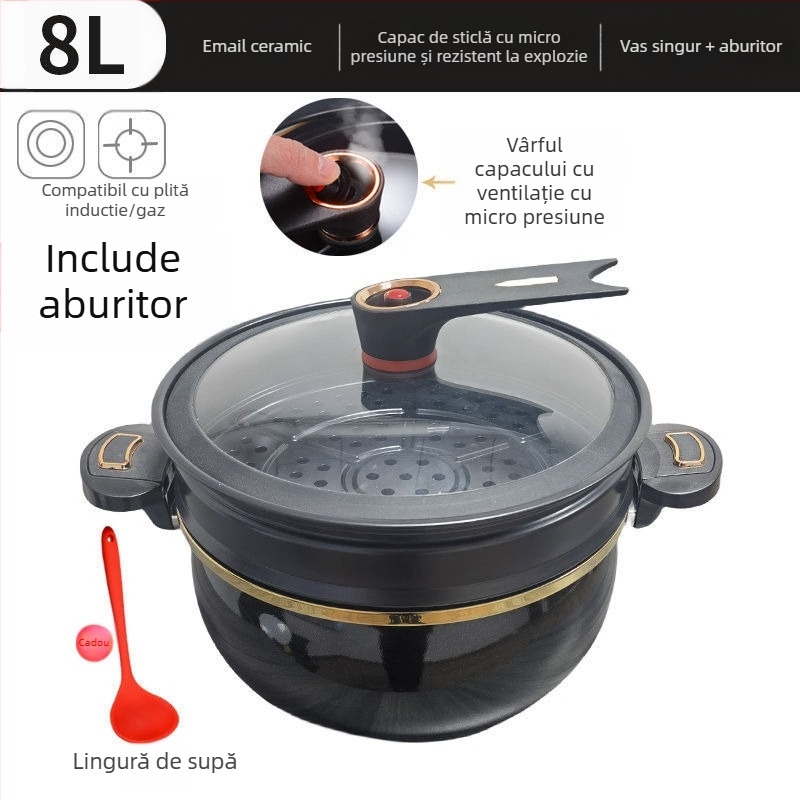 Oală de supă în stil presiune, din fier, capac din sticlă, acoperire antiaderentă, stil chinezesc nou