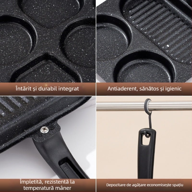 Tigaie pentru ouă antiaderentă, din fontă fină, design cu grilaj multiplu, adâncime 2 cm, greutate 350 g