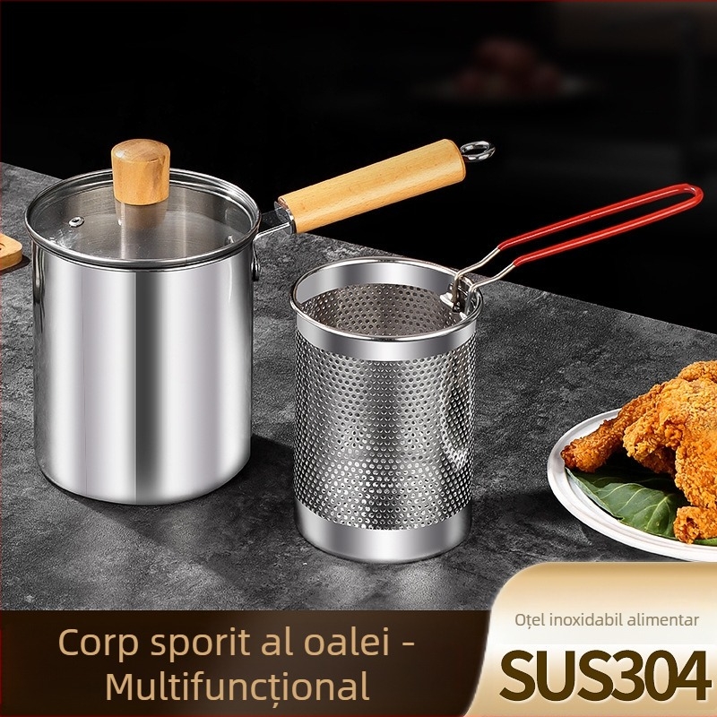 Oală de prăjit din oțel inoxidabil cu filtru și mâner din lemn, oală adâncă cu capac din sticlă temperată, capacitate 2,8–3 L, multifuncțional pentru fierberea tăițeilor și a laptelui, prăjire frigărui