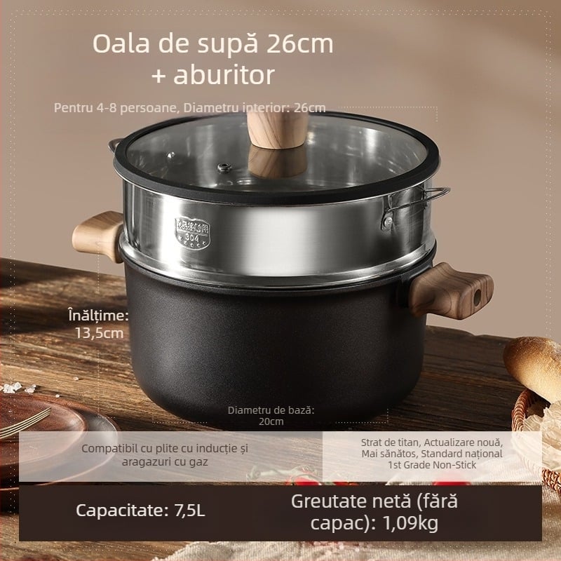 Oală de supă cu două mânere, antiaderentă, model 985, capacitate 2.1–3 L, material: floare de mătase
