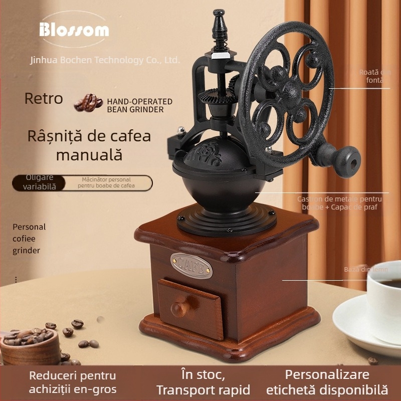 Bochen râșniță de cafea manuală portabilă cu suport OEM, logo imprimat, prelucrare personalizată, stil lux ușor retro
