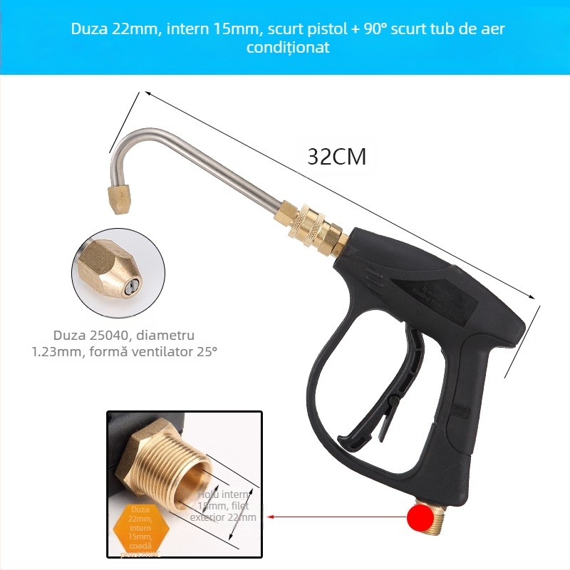 Pistol de apă cu presiune înaltă pentru curățarea aparatelor de aer condiționat — cot de oțel inoxidabil, cuplaj rapid din cupru, duză cu formă de ventilator