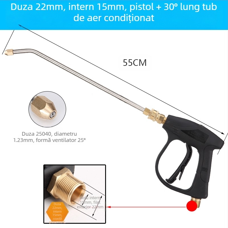 Pistol de apă cu presiune înaltă pentru curățarea aparatelor de aer condiționat — cot de oțel inoxidabil, cuplaj rapid din cupru, duză cu formă de ventilator