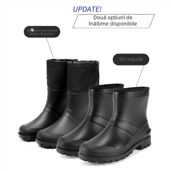 Cizme de ploaie pentru bărbați, PVC partea superioară, talpă din plastic, branț EVA, căptușeală din material textil, antiderapante