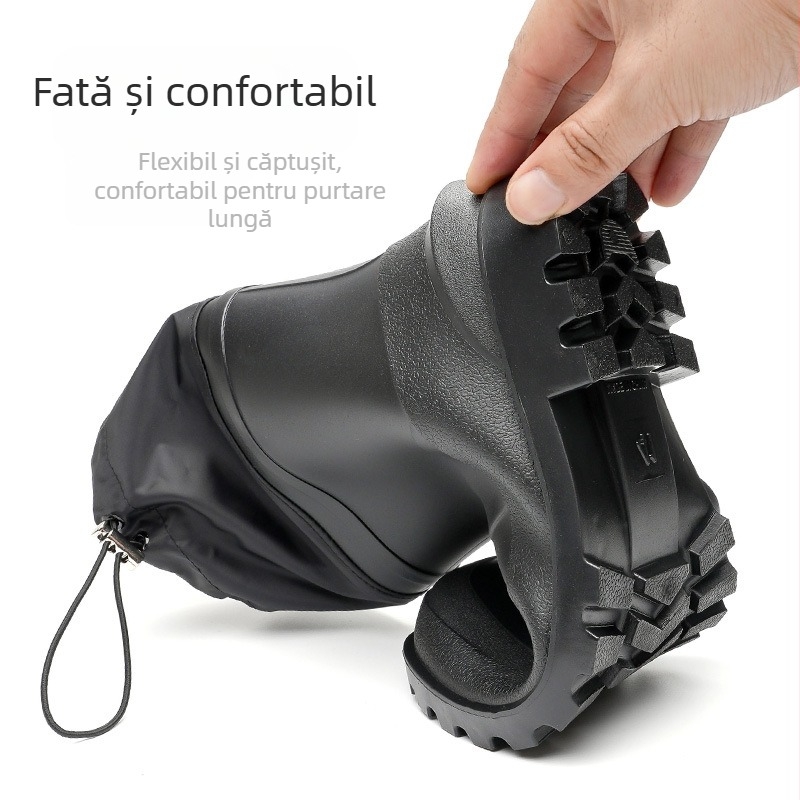 Cizme de ploaie pentru bărbați, PVC partea superioară, talpă din plastic, branț EVA, căptușeală din material textil, antiderapante