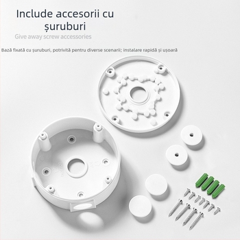 Suport pentru cameră de supraveghere pentru tavan, cu placă adaptor hemisferică și cutie pentru cabluri, rotire 360°, din plastic