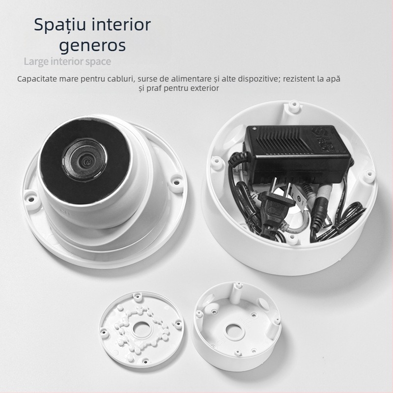 Suport pentru cameră de supraveghere pentru tavan, cu placă adaptor hemisferică și cutie pentru cabluri, rotire 360°, din plastic