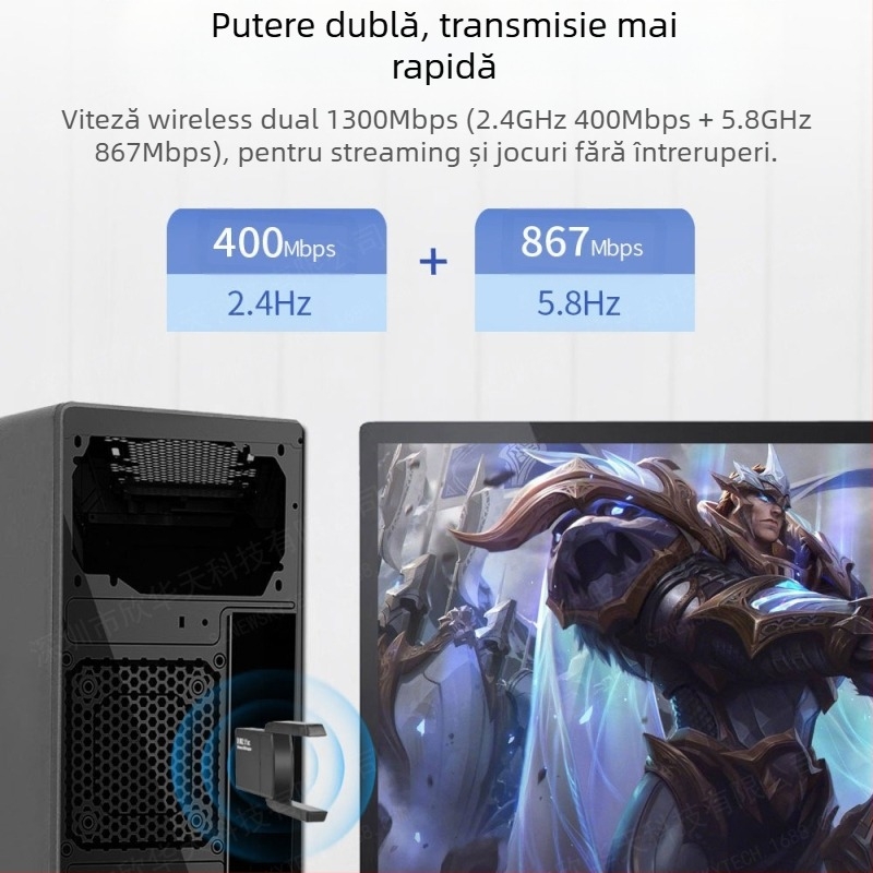 Adaptor USB Wi-Fi 1300 Mbps, dual-band 2.4 GHz/5.8 GHz, 802.11b/g/n, fără driver