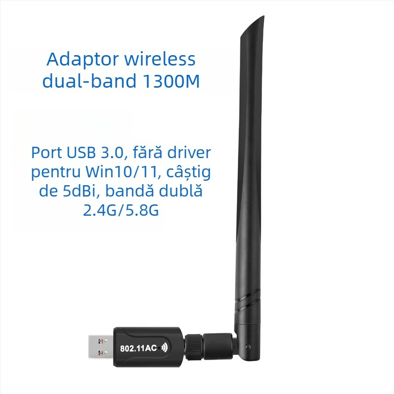 Adaptor USB Wi-Fi 1300 Mbps, dual-band 2.4 GHz/5.8 GHz, 802.11b/g/n, fără driver