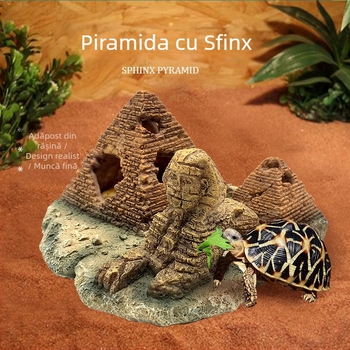 Decor pentru peisaj de reptile – Piramidă egipteană cu cap de Sfinx; Material: rășină; Origine: Xiamen; Brand: Xin Li; Scop principal: amenajare pentru reptilele care se cațără