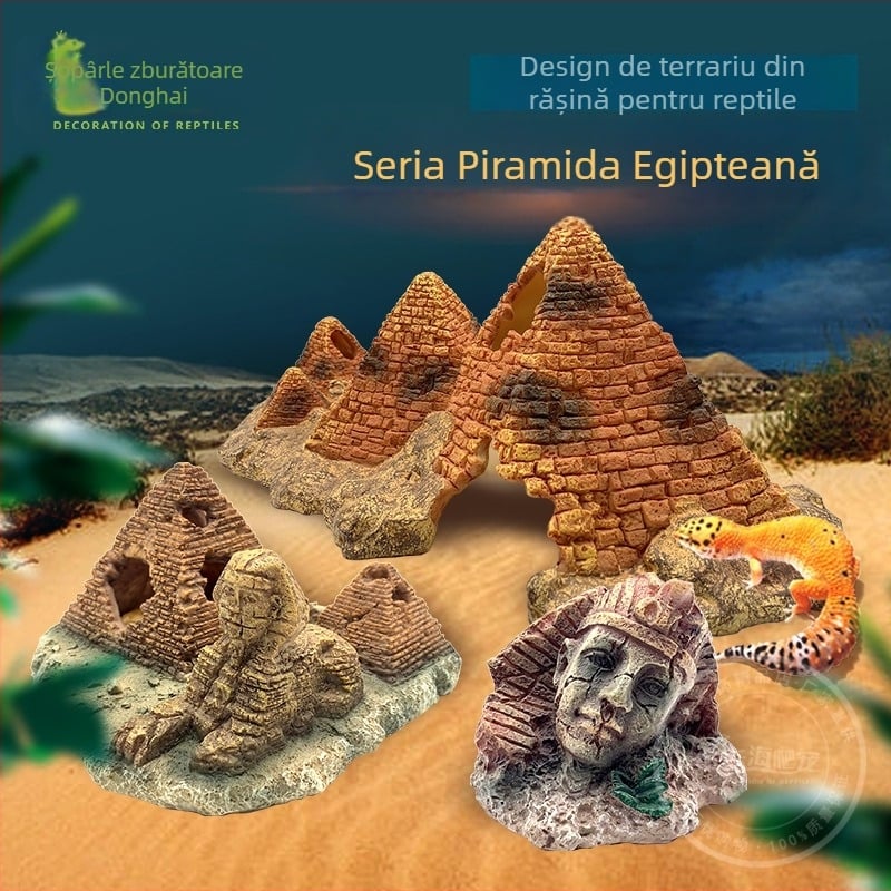 Decor pentru peisaj de reptile – Piramidă egipteană cu cap de Sfinx; Material: rășină; Origine: Xiamen; Brand: Xin Li; Scop principal: amenajare pentru reptilele care se cațără