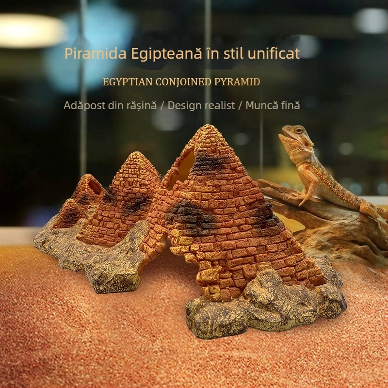 Decor pentru peisaj de reptile – Piramidă egipteană cu cap de Sfinx; Material: rășină; Origine: Xiamen; Brand: Xin Li; Scop principal: amenajare pentru reptilele care se cațără