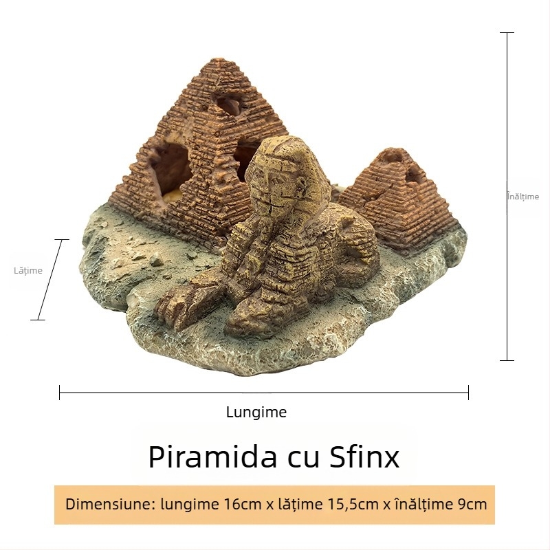 Decor pentru peisaj de reptile – Piramidă egipteană cu cap de Sfinx; Material: rășină; Origine: Xiamen; Brand: Xin Li; Scop principal: amenajare pentru reptilele care se cațără