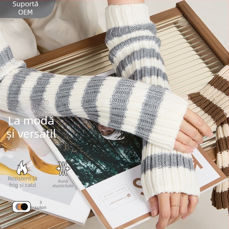 Foremost Manșete pentru brațe femei – în dungi, tricotate, încălzire, 15% lână / 85% acril, iarnă și toamnă