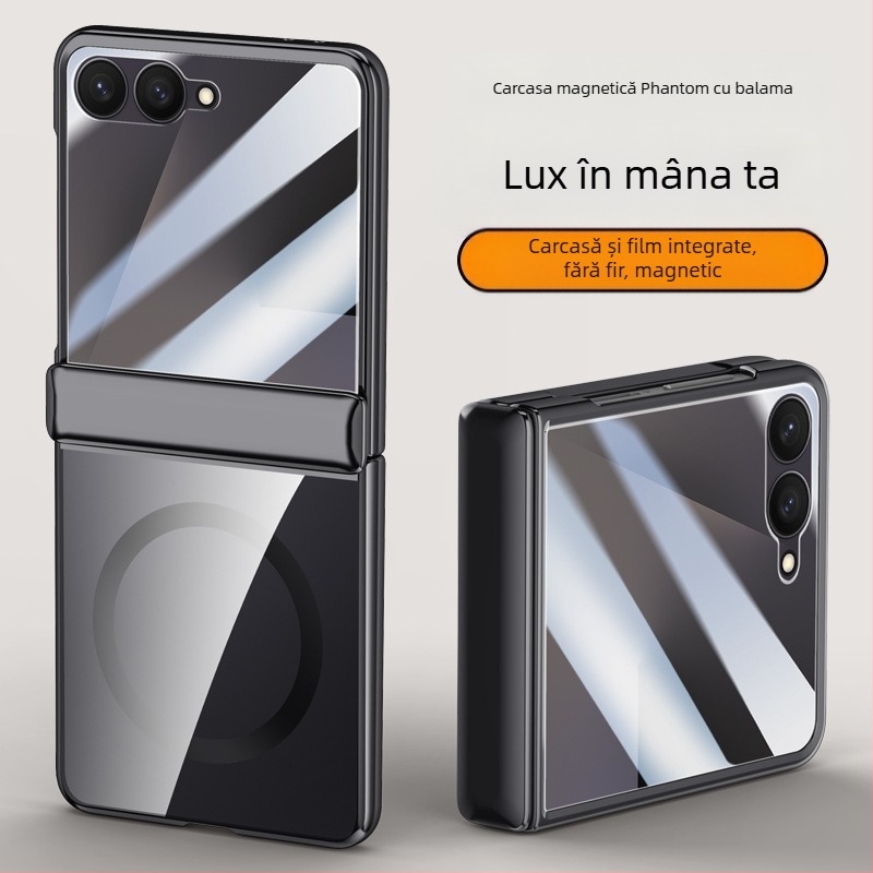 Carcasă PC pentru Samsung Galaxy Z Flip7 cu balama electroplateată și prindere magnetică, folie încorporată, protecție la căderi și rezistență la uzură